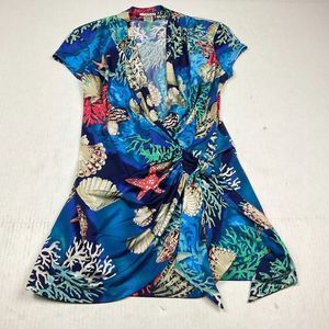 Cache Blue Tropical Shell & Coral Print Wrap Top